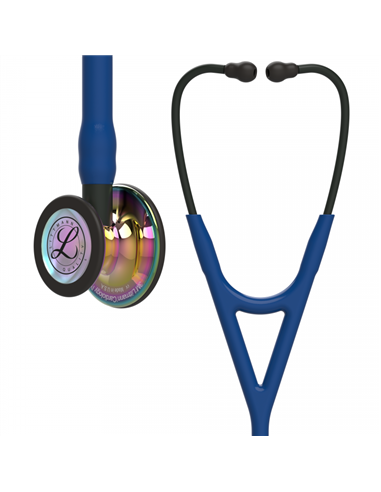 Littmann Cardiology IV Stethoskop hochglänzendes, regenbogenfarbenes Bruststück, marineblauer Schlauch, Schlauchanschluss und Oh